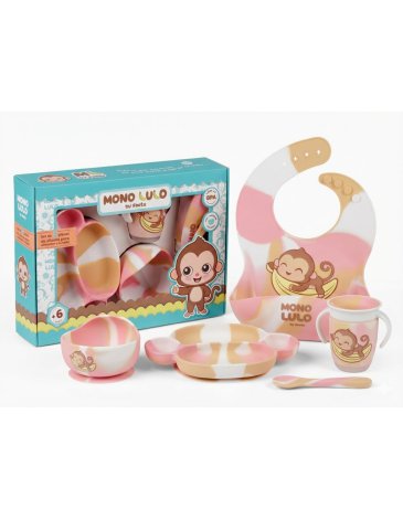 Set x 5 Piezas ( Plato, cuchara, vaso, babero y cuenco) MONO LULO