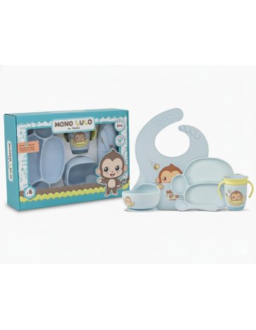 Set x 5 Piezas ( Plato, cuchara, vaso, babero y cuenco ) MONO LULO