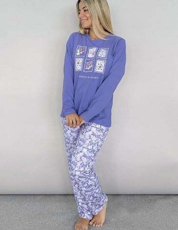 Pijama de jersey remera manga larga con estampa localizada y pantalón estampado TS/XL MARCELA KOURY