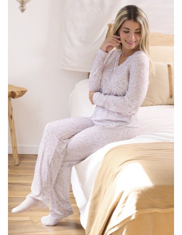 Pijama de morley estampado manga larga y pantalón con detalles en puntilla TS/XL MARCELA KOURY