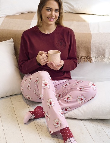 Pijama de jersey manga larga con detalle bordado y pantalón estampado TS/XL MARCELA KOURY