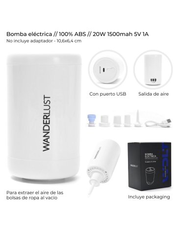 Bomba electrica para bolsas al vacio con puerto usb WANDERLUST