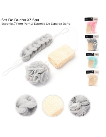 Set de ducha x3 spa espomja, pom pom, esponja de espalda x3   SKORA