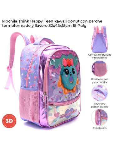 Mochila Think Happy Teen Kawaii Donut con Llavero 18
