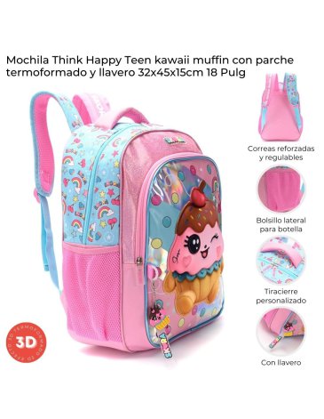 Mochila Think Happy Teen Kawaii Muffin con Llavero 18
