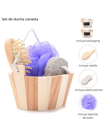 Set de ducha canasta con cepillo, piedra pomez y esponja de baño SKORA