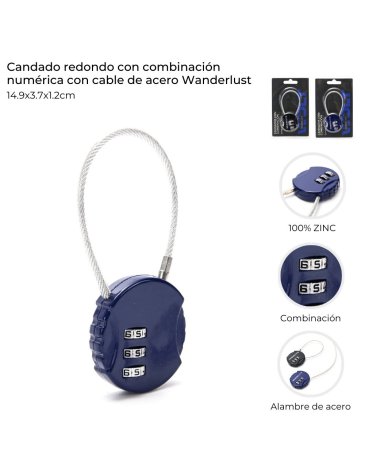 Candado redondo con combinacion numerica con cable de acero Wanderlust 14.9x3.7x1.2cm  WANDERLUST