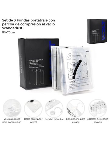 Set de 3 Fundas portatraje con percha de compresion al vacio Wanderlust 110x70cm WANDERLUST