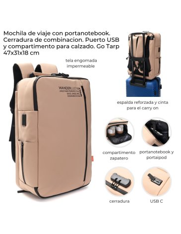 Mochila de viaje con portanotebook. Cerradura de combinacion. Puerto USB 18'' WANDERLUST
