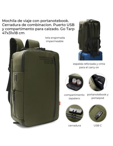 Mochila de viaje con portanotebook. Cerradura de combinacion. Puerto USB 18'' WANDERLUST