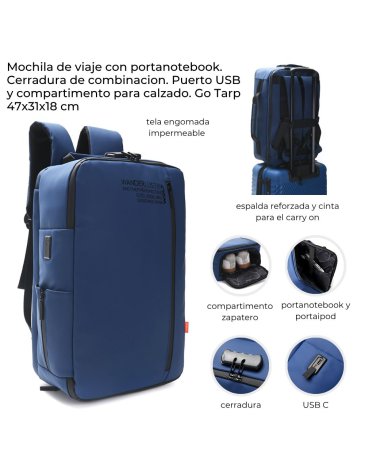 Mochila de viaje con portanotebook. Cerradura de combinacion. Puerto USB 18'' WANDERLUST