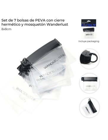 Set de 7 bolsas de PEVA con cierre hermetico y mosqueton WANDERLUST