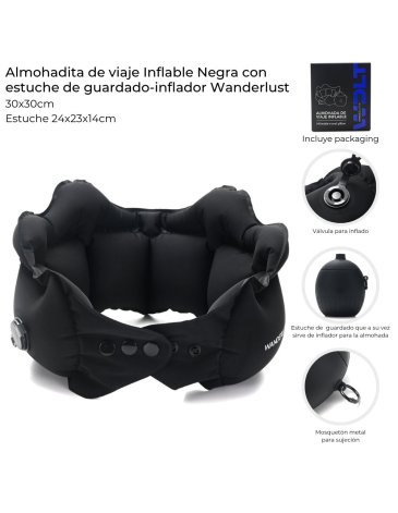 Almohadita de viaje Inflable Negra con estuche WANDERLUST