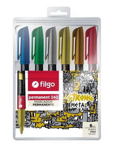 Marcador permanente 040 FINO / Estuche x 6 metalizado FILGO